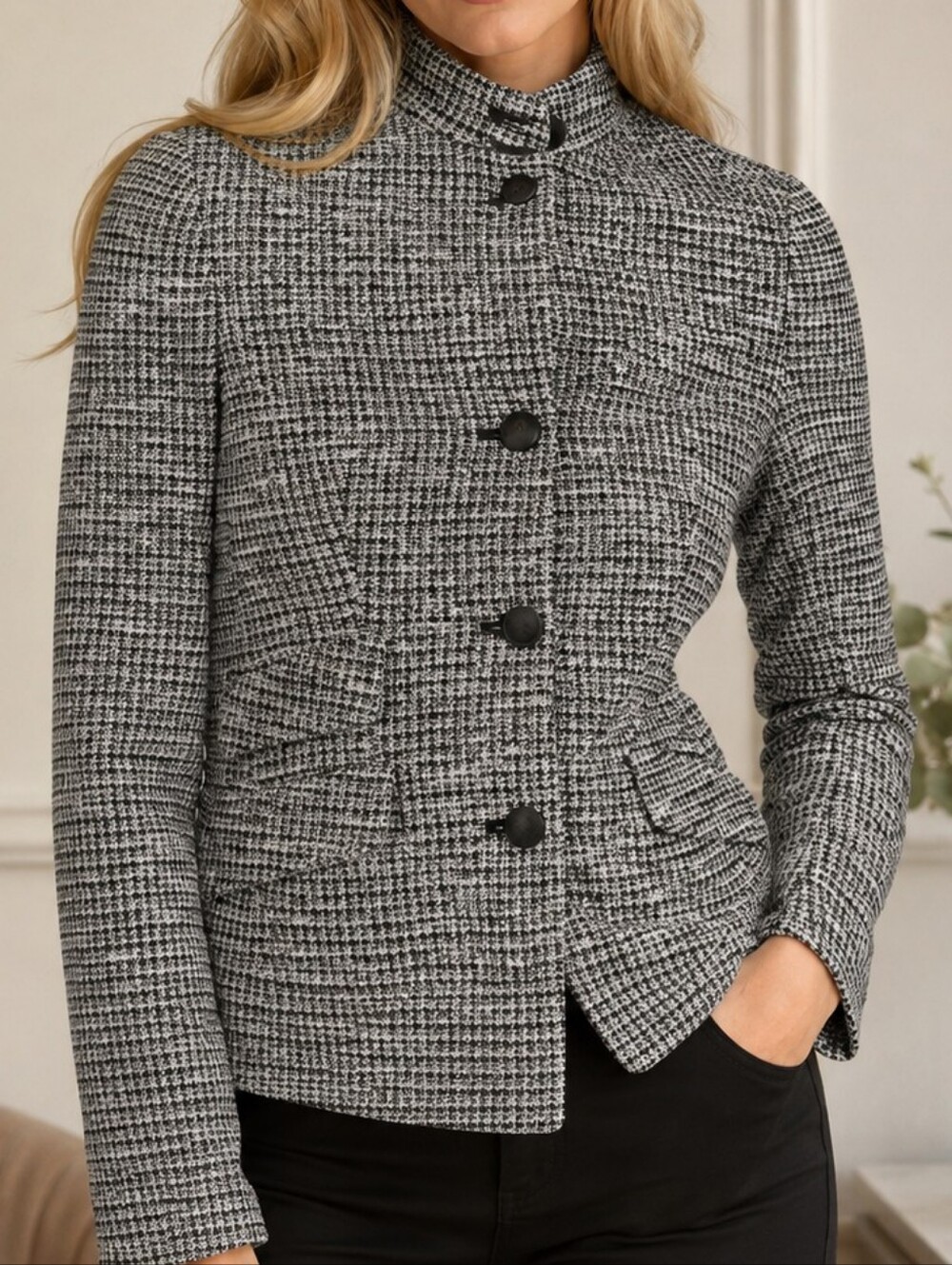 rag & bone Tweed Blazer Size 6 Navy Cream Collarless Crest Button Jacket - Picture 2 of 11